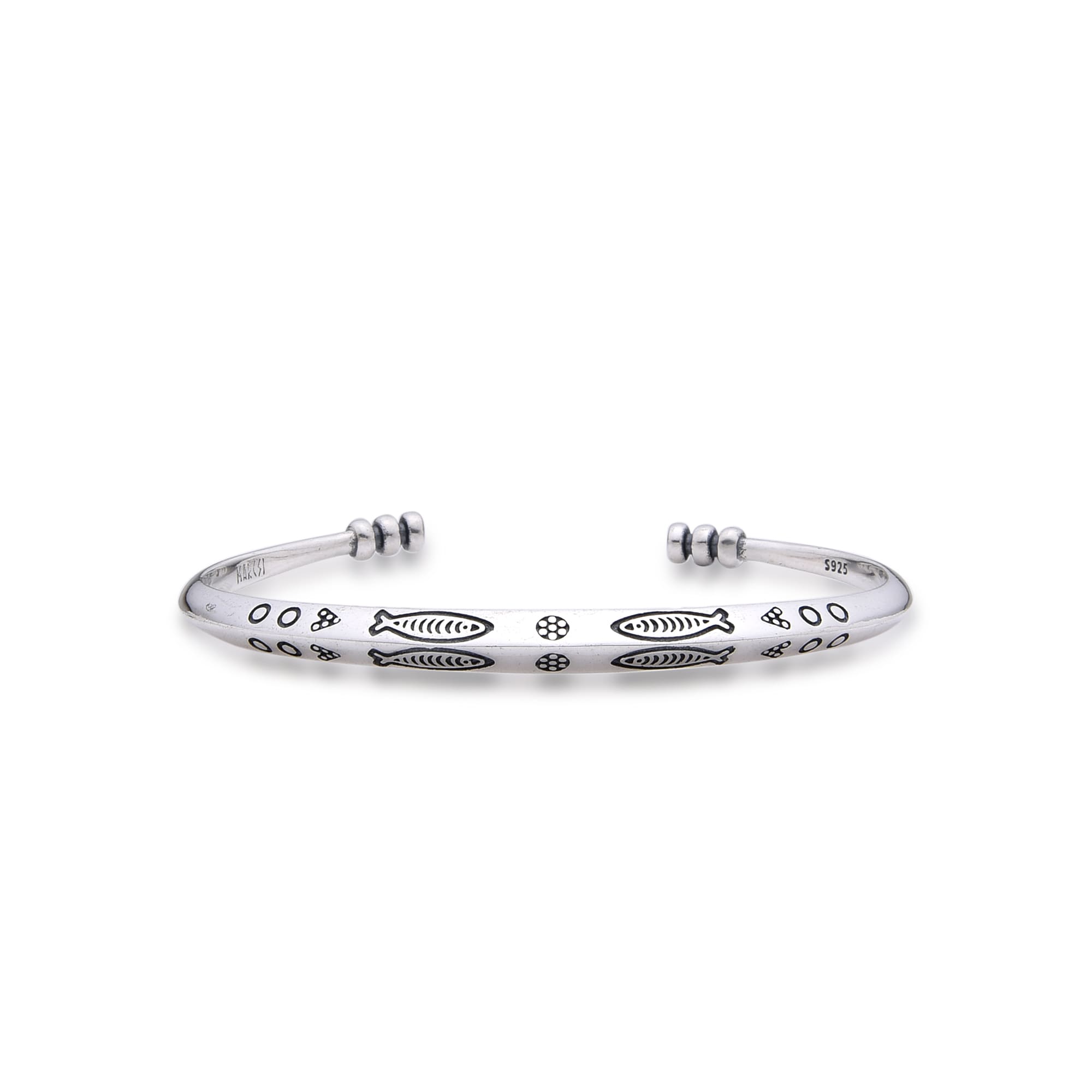 Front view of 925 sterling silver bracelet with fish and geometric symbols