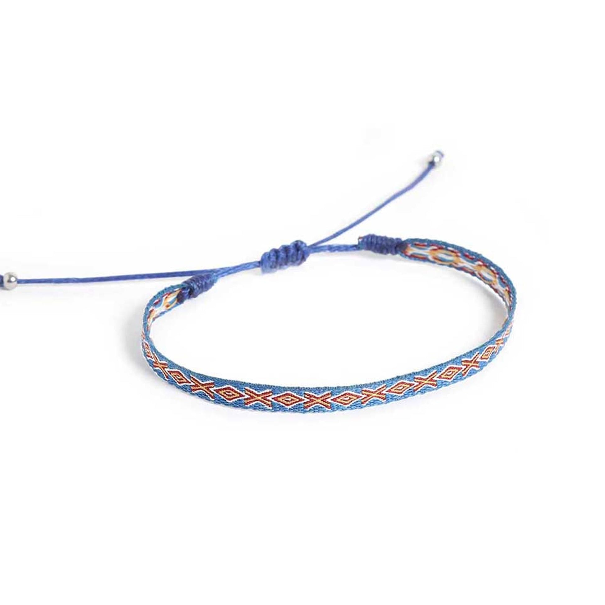 Adjustable blue braided bracelet with geometric woven design.