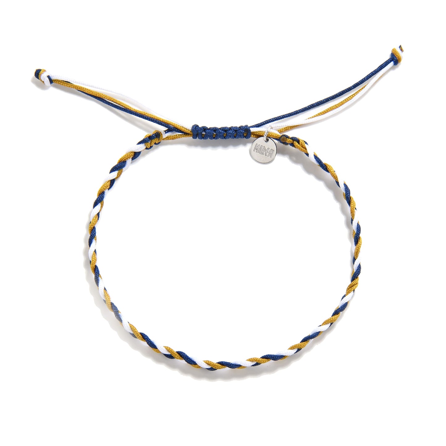 Full view of adjustable friendship bracelet with braided blue, gold, and white threads