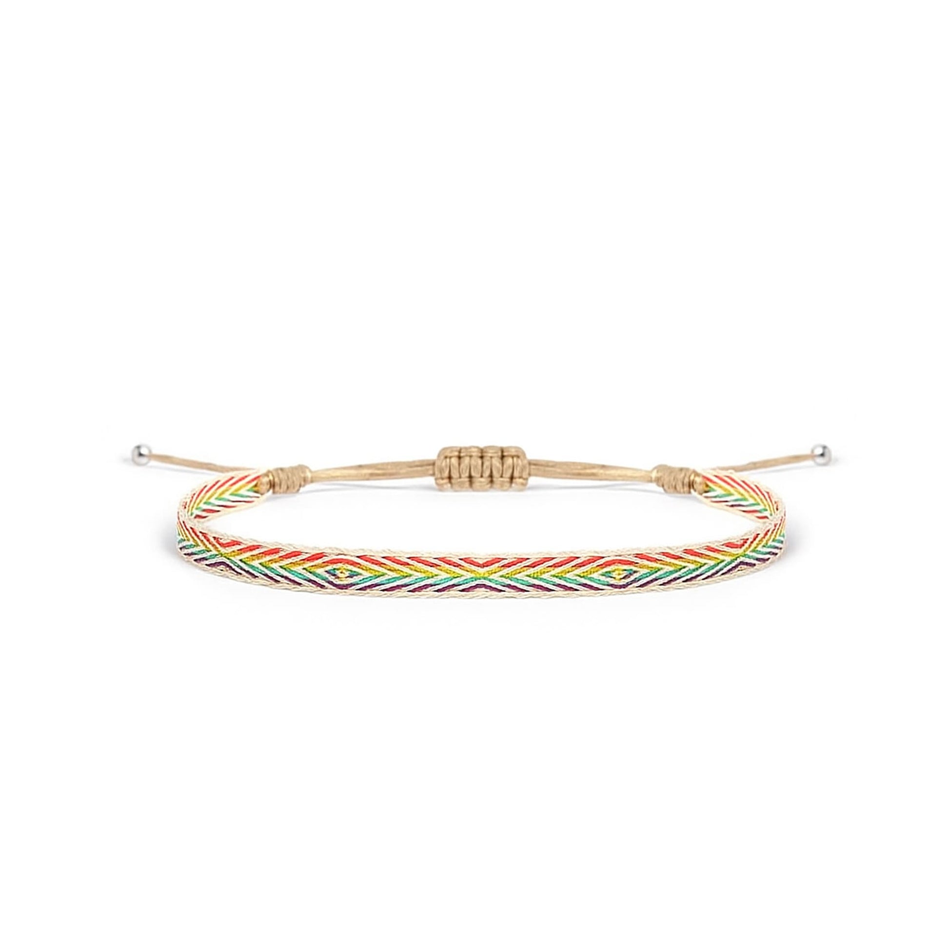 Handmade Bracelets adjustable design featuring multicolor woven threads on beige cord.