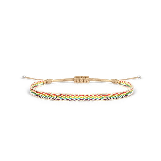 Handmade Bracelets adjustable design featuring multicolor woven threads on beige cord.