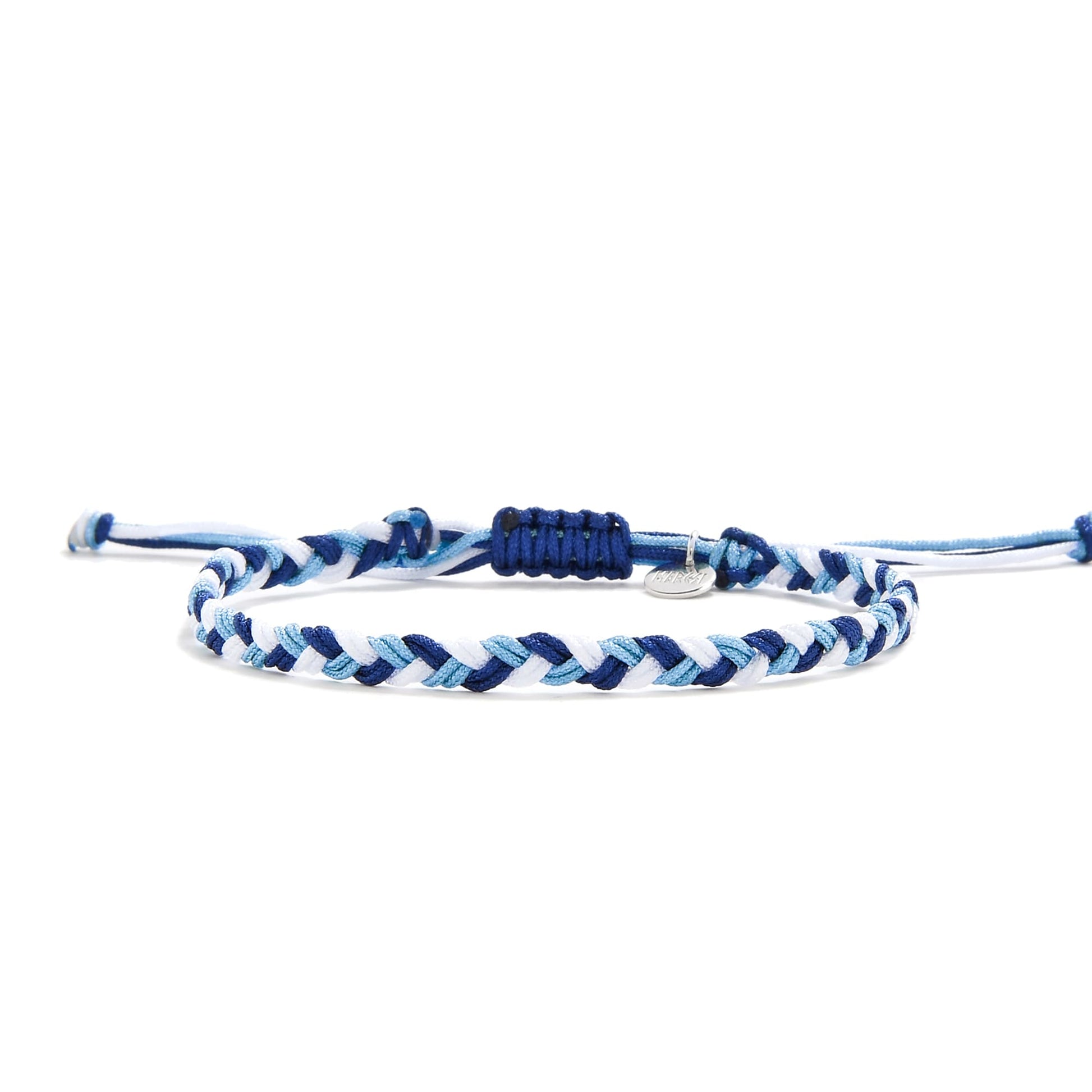 Handmade adjustable matching friendship bracelets in white and two-tone blue thread pattern