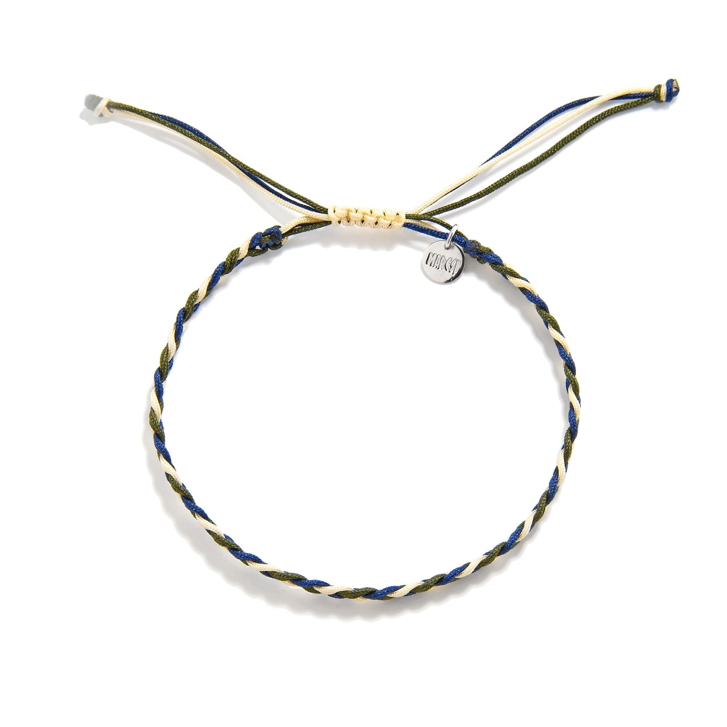Adjustable braided friendship bracelet in blue, beige, and green tones.