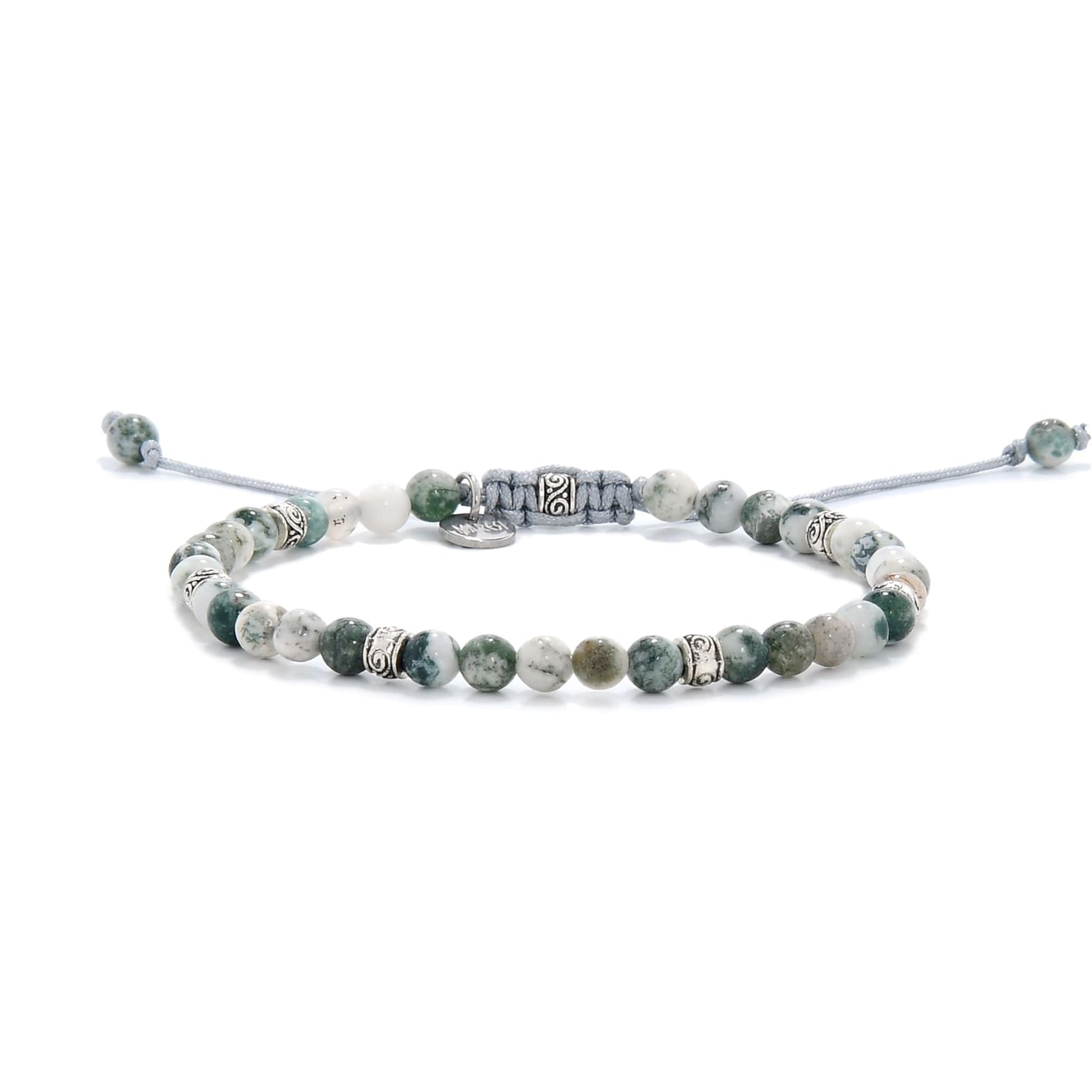 Adjustable moss agate bracelet with gemstone beads and cord.