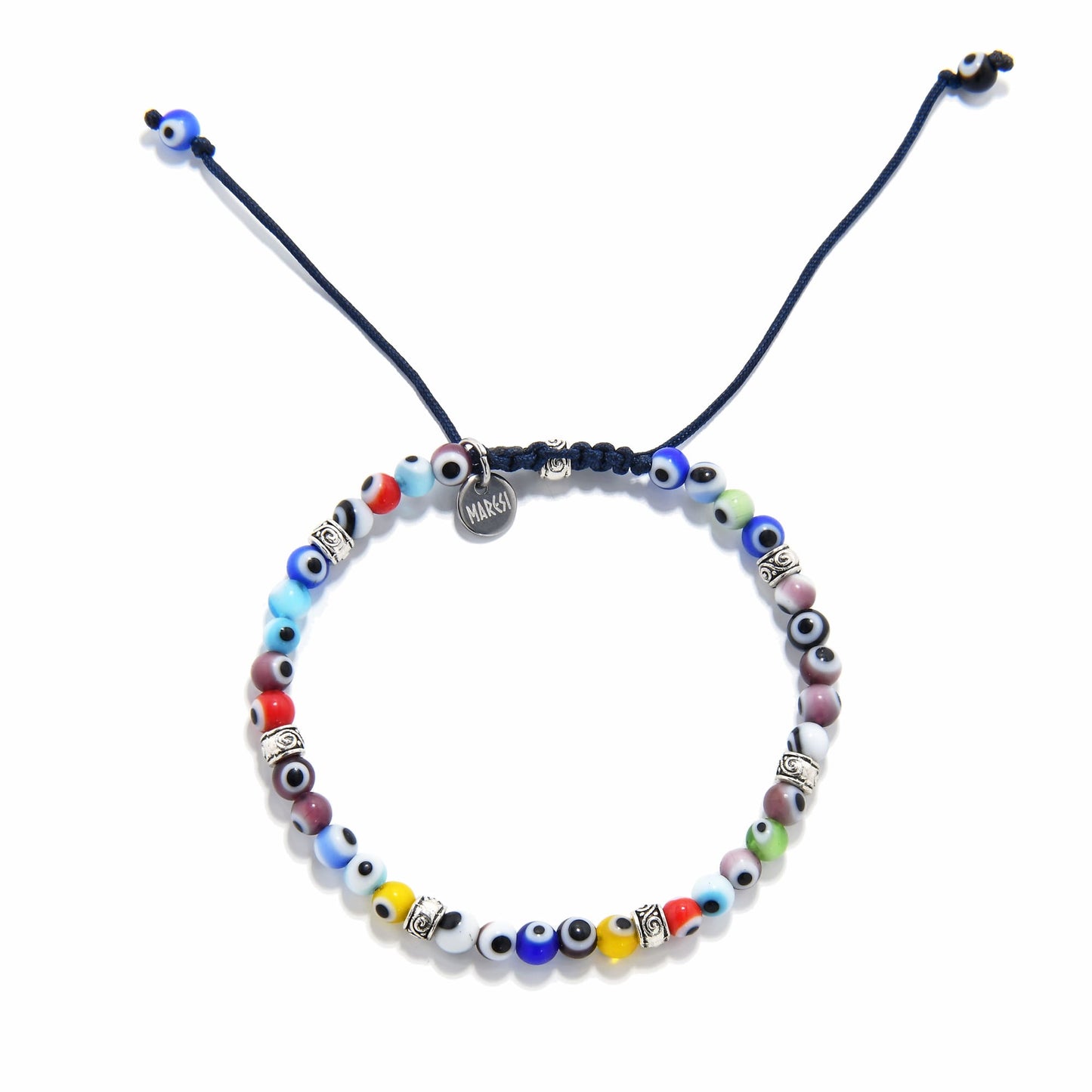 Flat lay of evil eye bracelet showcasing symmetrical bead arrangement and handmade detail