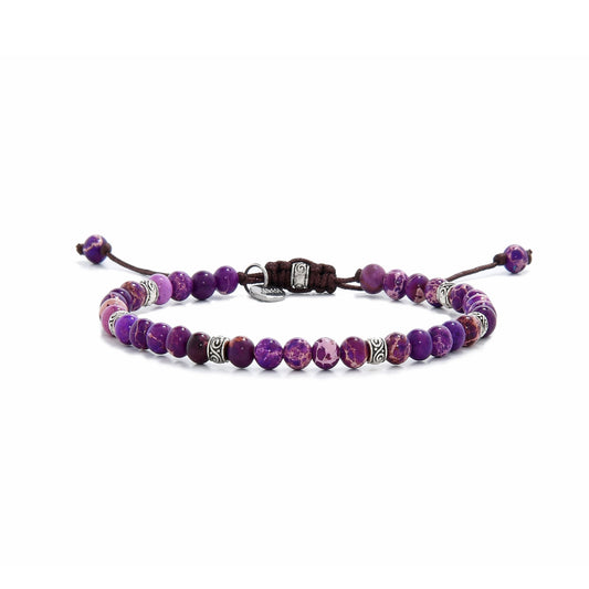 Full view of a purple jasper bracelet with silver spacers and brown adjustable cord.