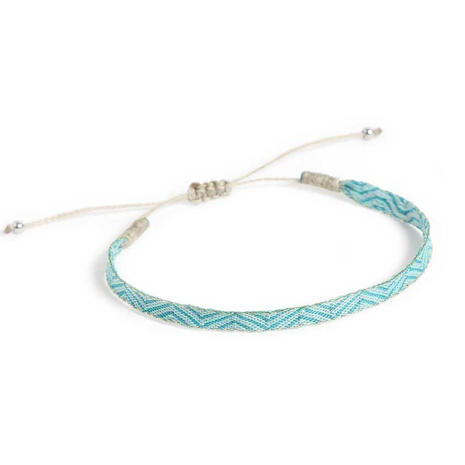 djustable Rope Bracelet Mens in blue with chevron weave and beige pull cords.