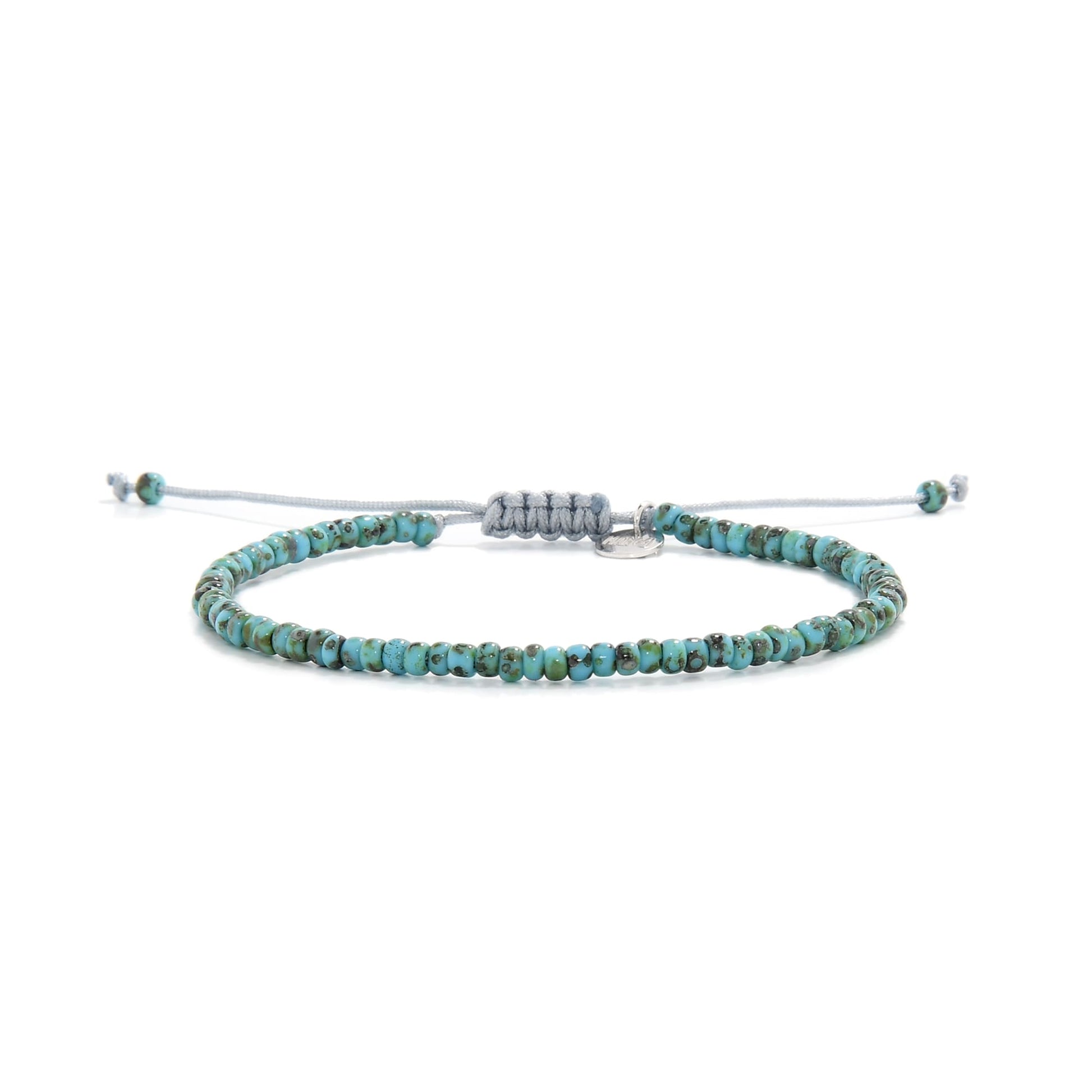 Handmade turquoise bead bracelet with silver charm and gray cord