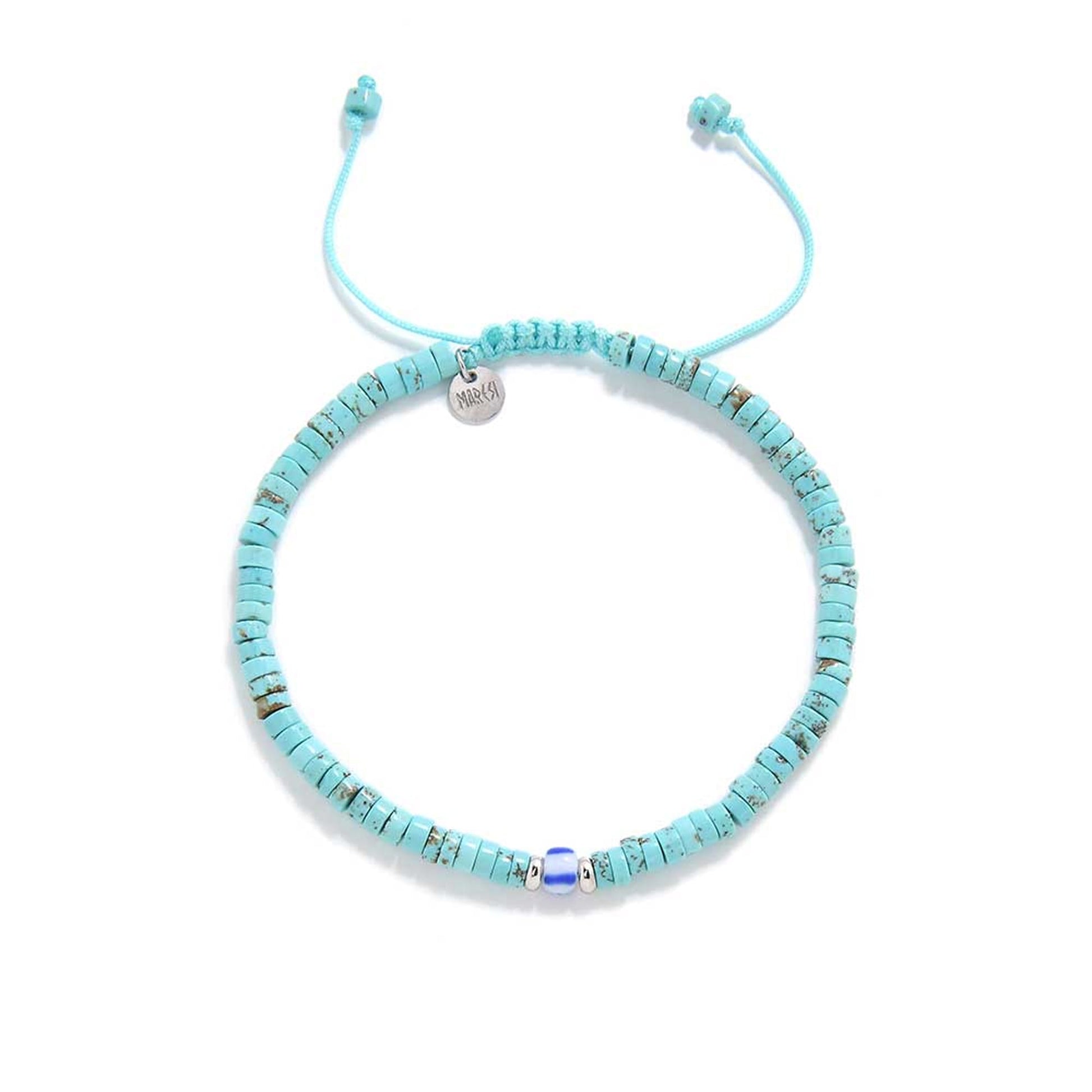 Adjustable turquoise men’s bracelets with round stone beads and silver charm on braided cord.