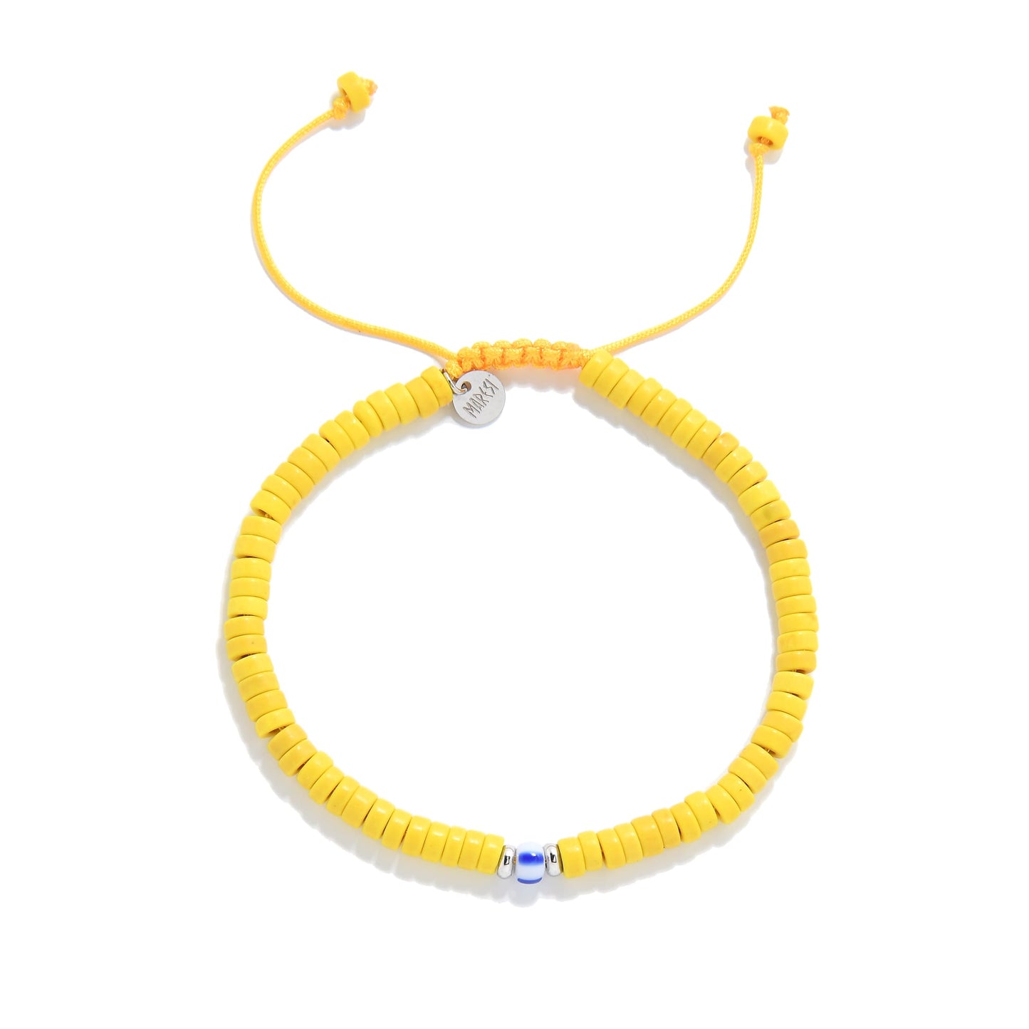 Full top view of yellow beads bracelet with blue center accent and adjustable closure