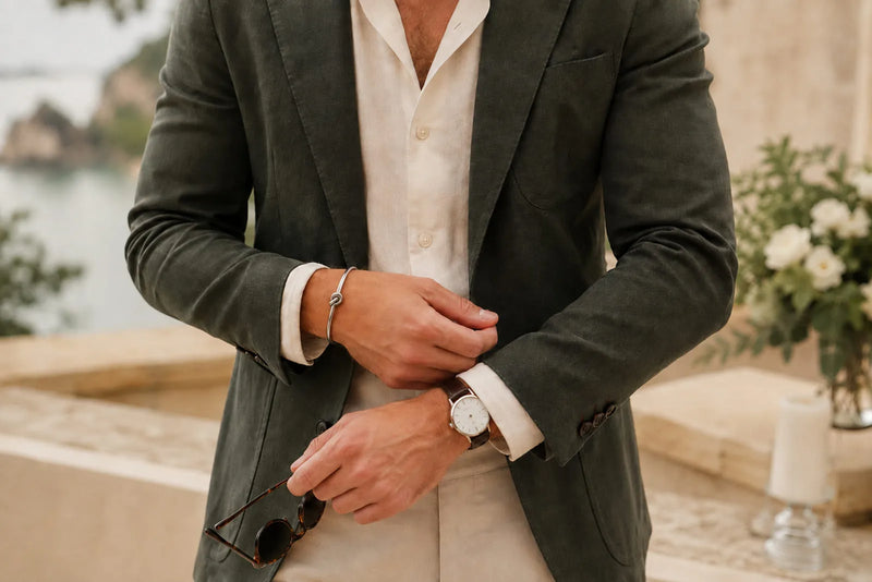 Beach wedding accessories for men with an olive blazer, cream shirt, leather watch, and slim silver bracelet