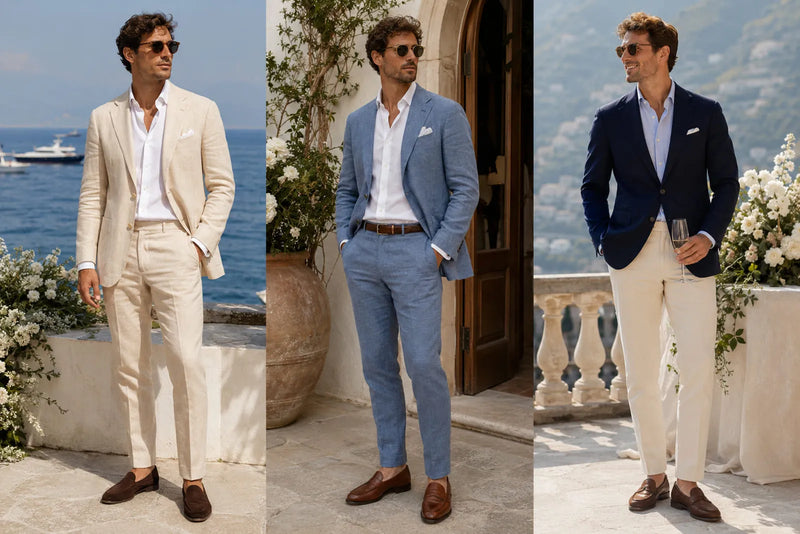 Beach wedding guest attire for men featuring cream, light blue, and navy tailoring with brown loafers