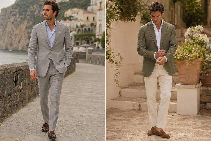 Men’s beach wedding outfits with a light gray summer suit and olive blazer with cream tailored trousers