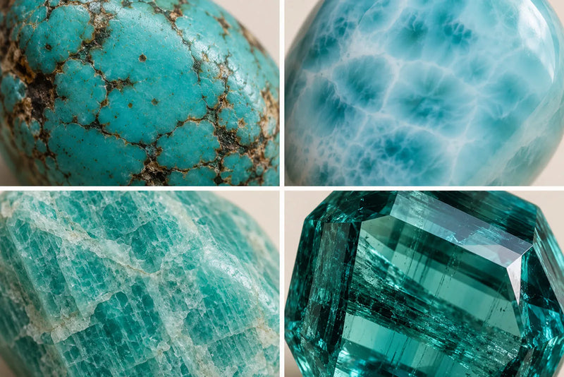 Close up textures of blue green gemstones including turquoise, Larimar, amazonite and tourmaline