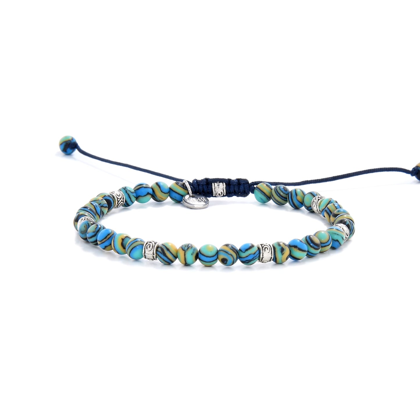 Bracelet malachite fully laid out with adjustable navy cord and polished round beads
