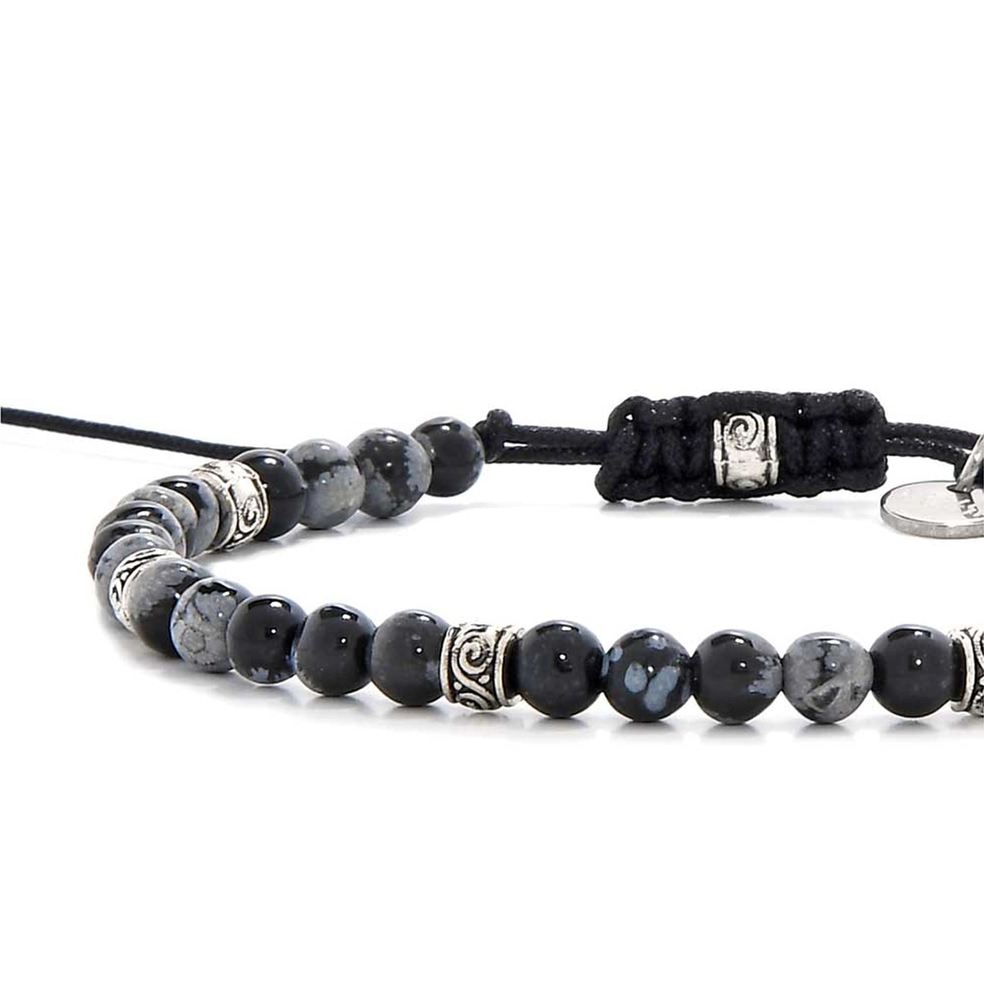 Bracelet black stone with polished black jasper beads and silver accents on a black cord.