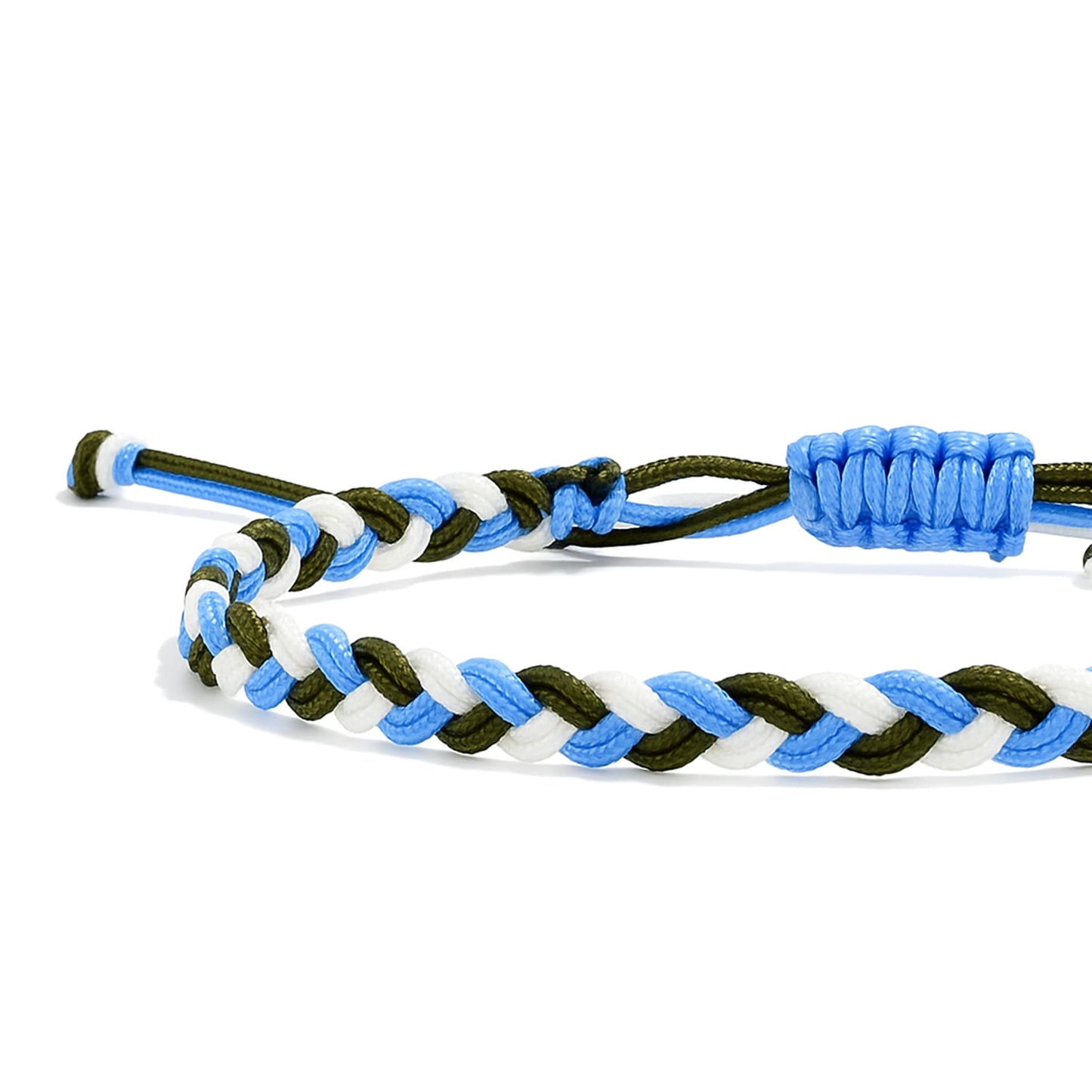 Braided best friend friendship bracelet with adjustable knot in blue, green, and white