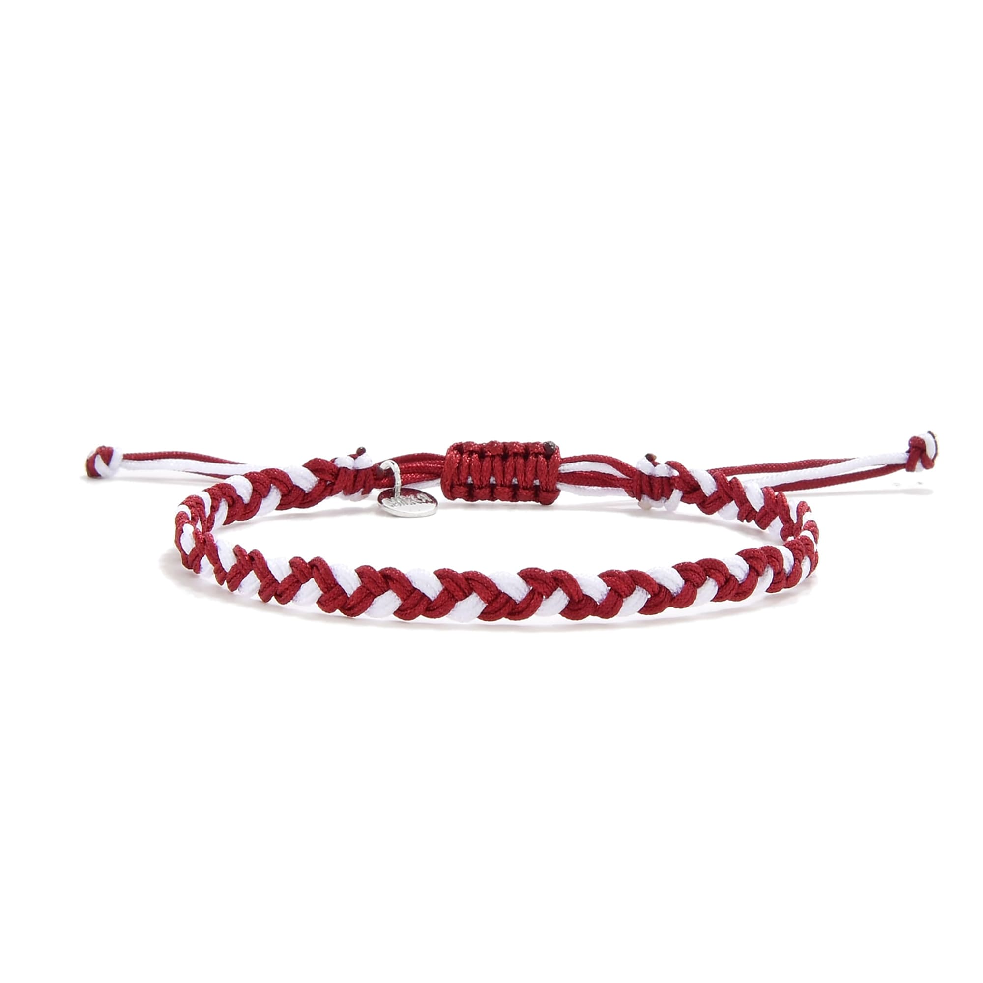 Braided red and white handmade friendship bracelet with adjustable closure and charm
