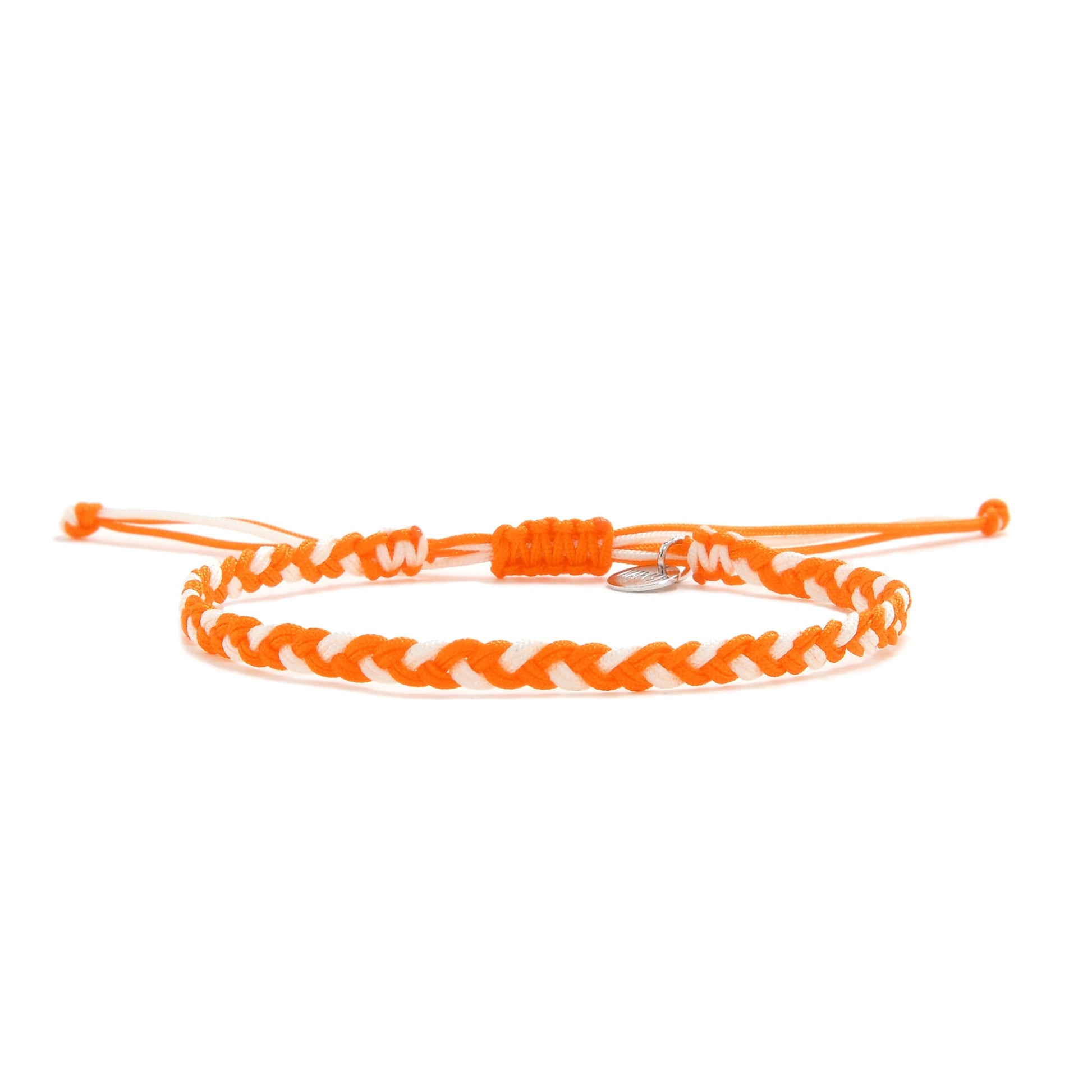 Braided orange and white friendship bracelet thread with adjustable macrame closure