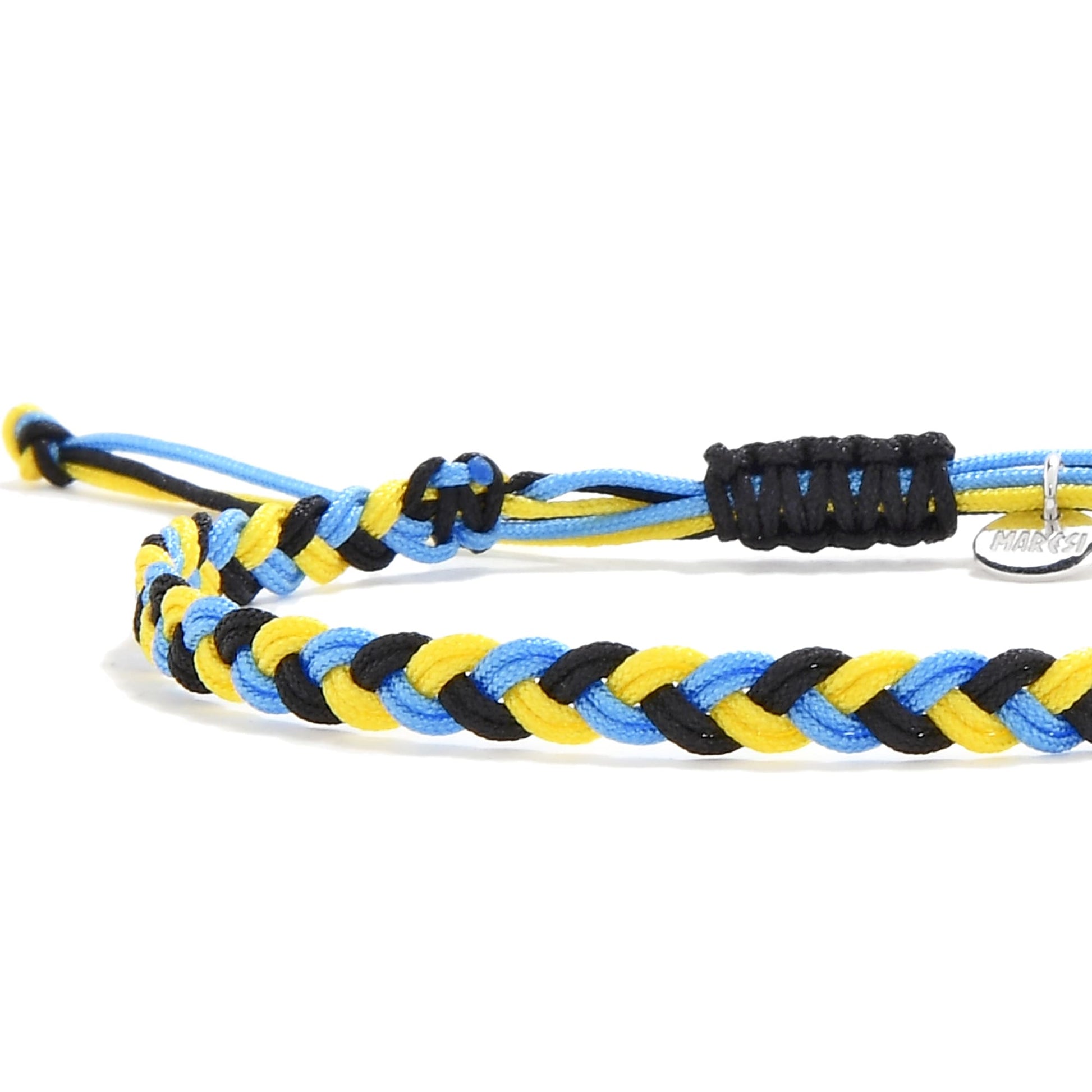 Braided zig zag friendship bracelet with sliding knot in vibrant black, blue, and yellow cords