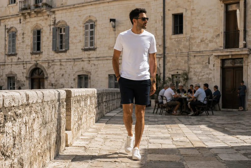 Man sightseeing in a Mediterranean town wearing a white T-shirt, navy tailored shorts and white sneakers