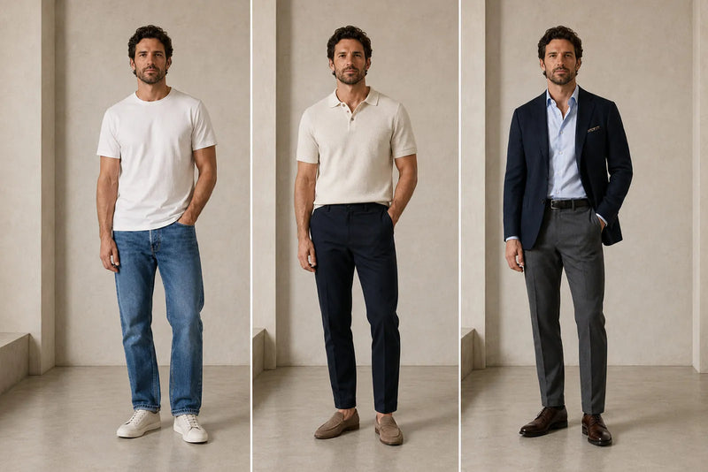 Same man wearing casual, smart casual and formal outfits to show the differences between men's dress codes.