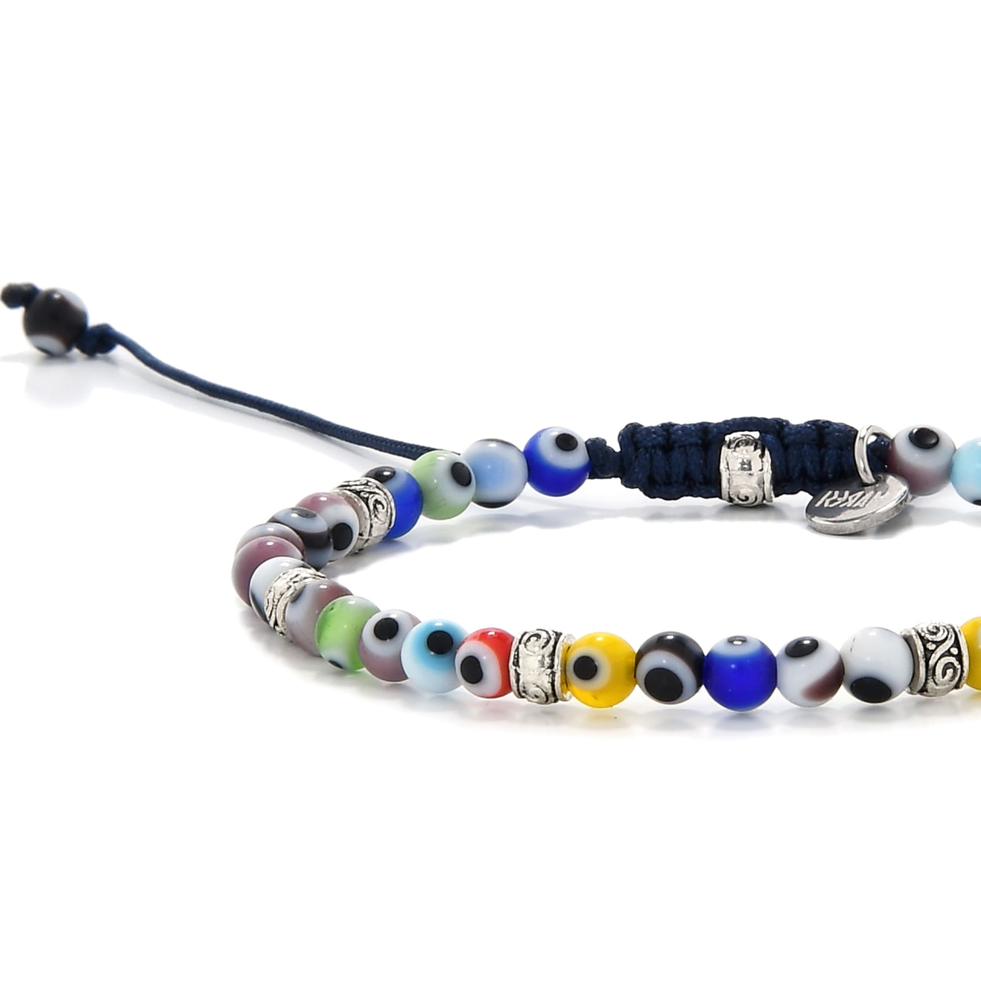 Adjustable evil eye bracelet with multicolor glass beads and metal-tone accents on a navy cord
