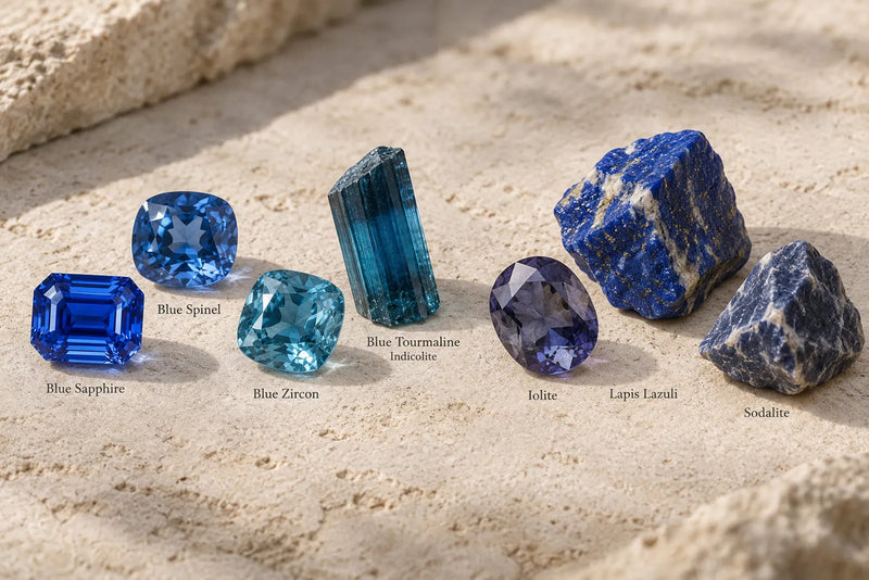Blue gemstone names including blue sapphire, spinel, zircon, indicolite tourmaline, iolite, lapis lazuli and sodalite.
