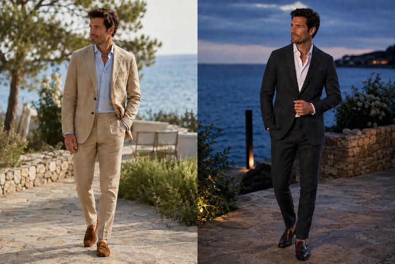 Daytime and evening beach wedding attire for men with a tan lightweight suit and dark charcoal suit