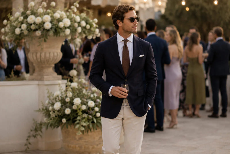 Man wearing a navy blazer, white trousers and brown tie at an elegant outdoor cocktail reception