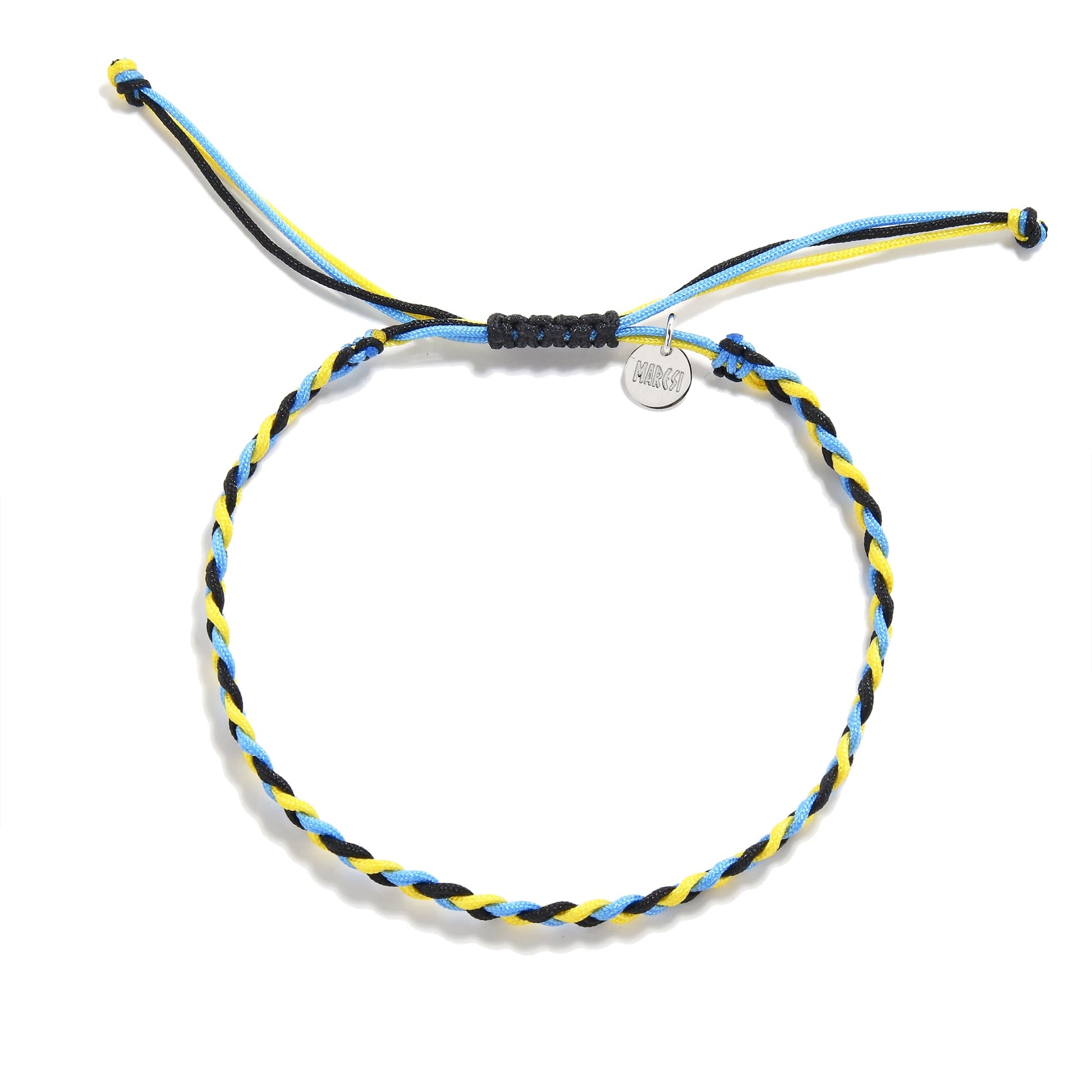 Flat lay of adjustable zig zag friendship bracelet in blue, yellow, and black with charm tag