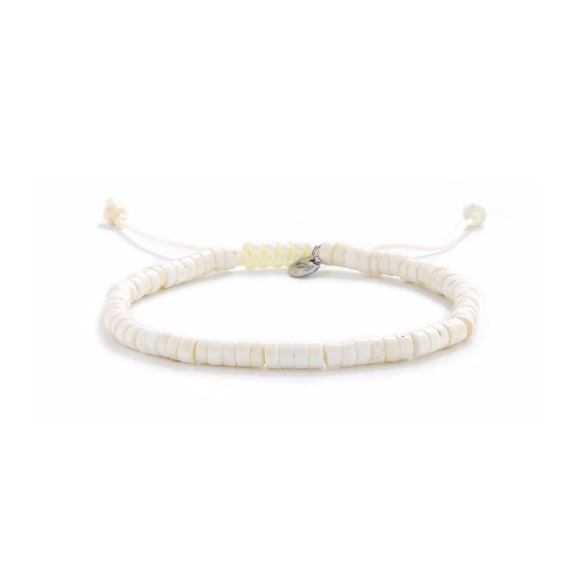 Full view of off white bracelet with clasp and cord