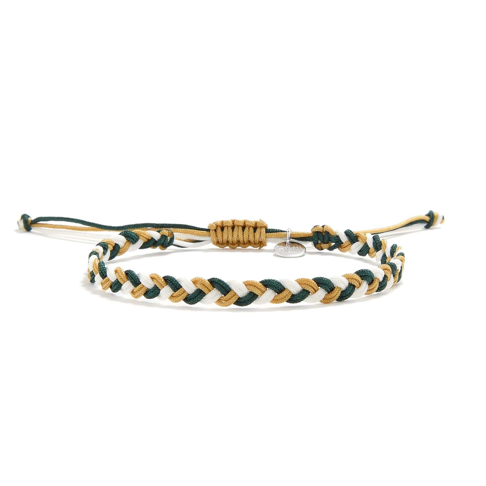 Front view of a braided friendship bracelet in green, white, and gold colors for stylish everyday wear.