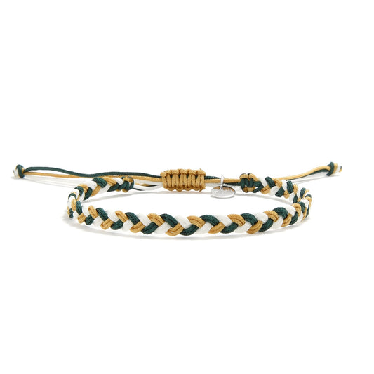 Front view of a braided friendship bracelet in green, white, and gold colors for stylish everyday wear.