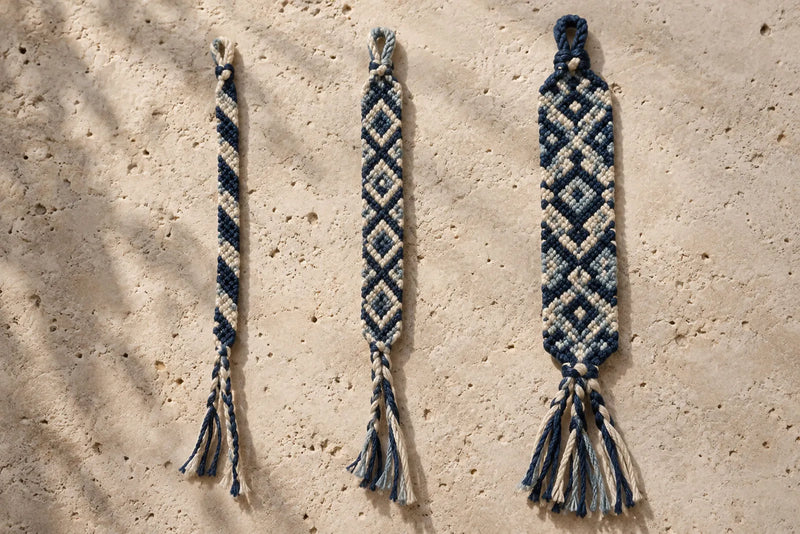 Three woven friendship bracelets showing narrow, medium, and wide diamond patterns with increasing complexity.