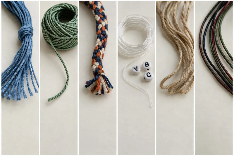 Comparison of friendship bracelet string materials, including cotton floss, twisted cord, braided string, clear elastic, natural fibers, and waxed cord.
