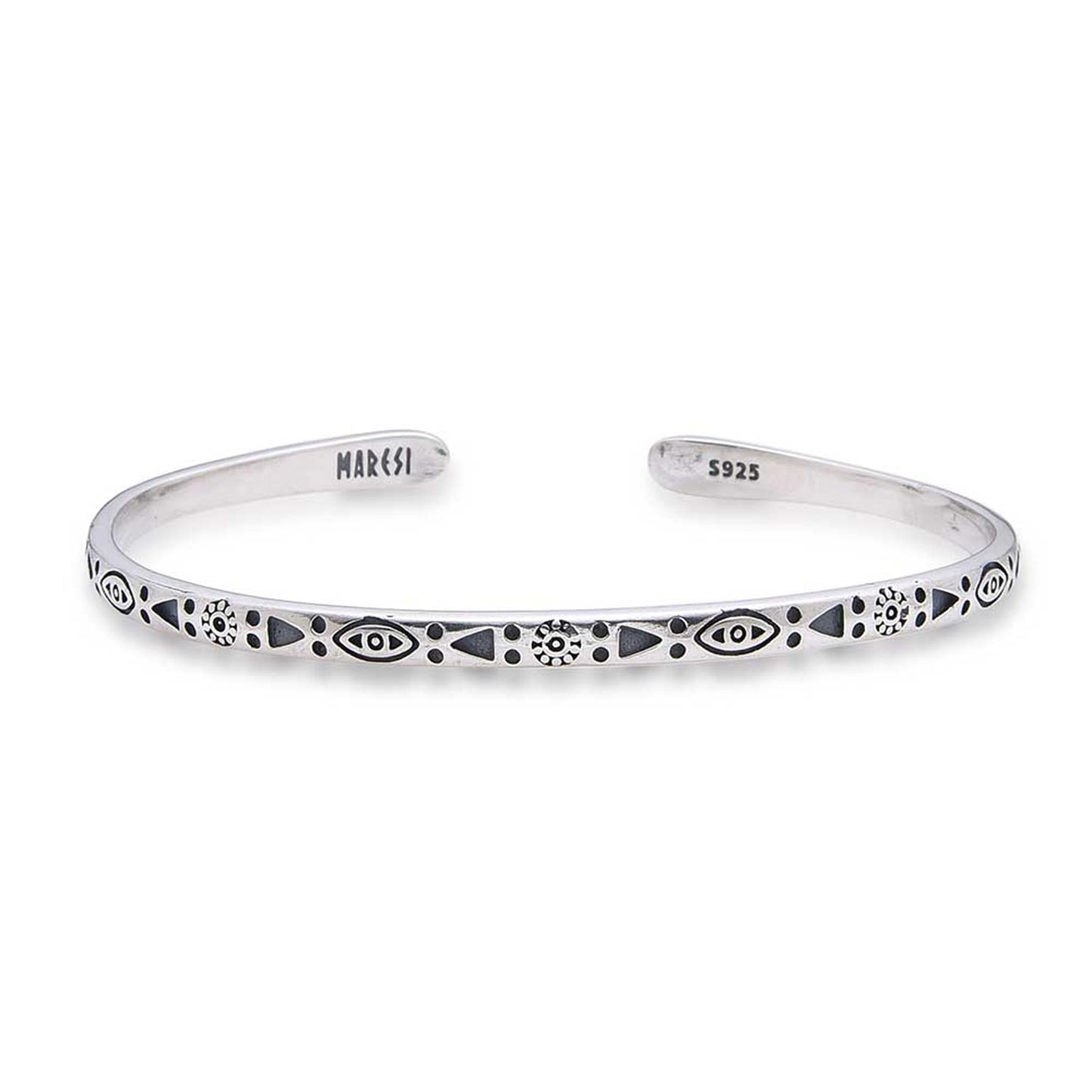 Symmetrical view of mens stainless steel bracelet with symbolic patterns
