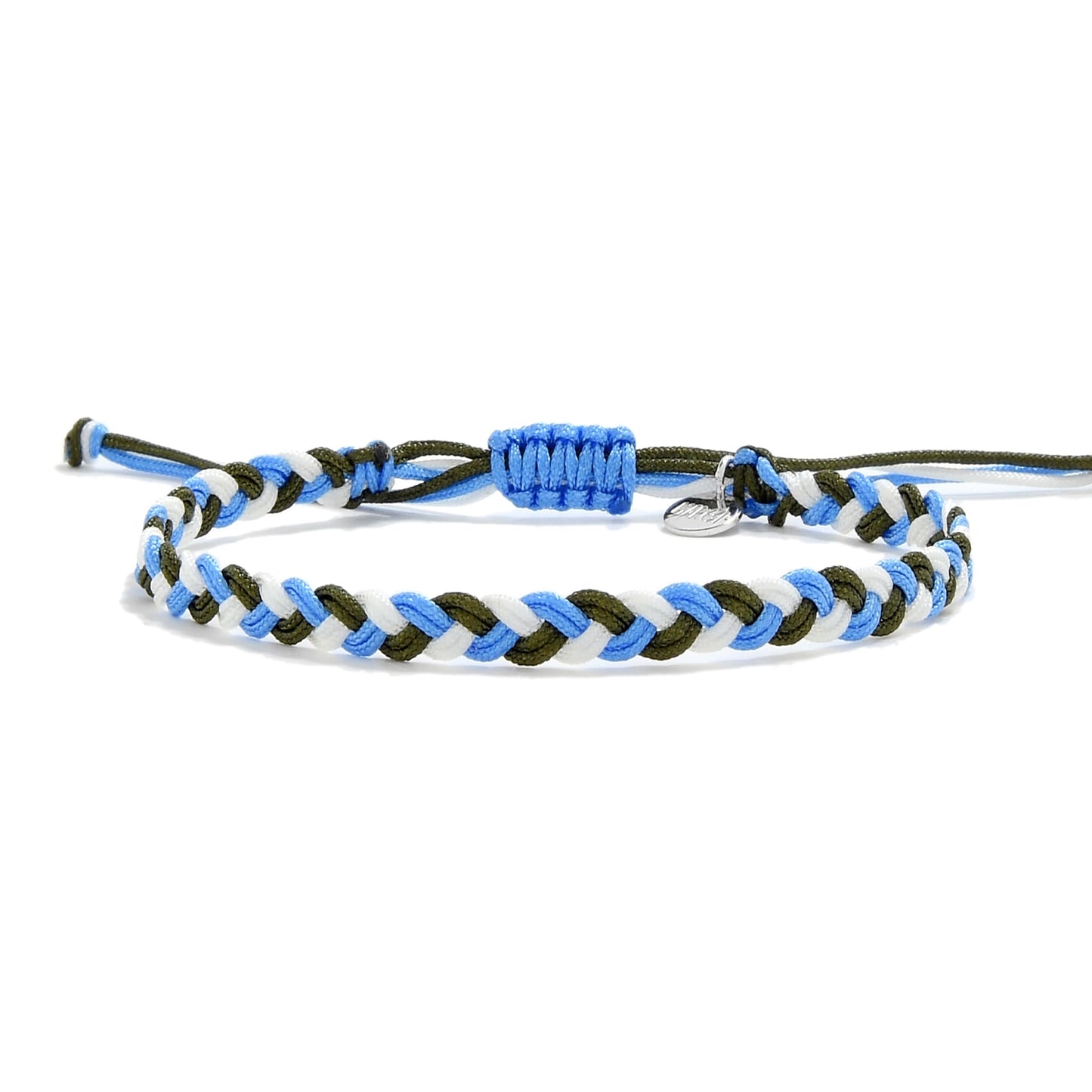 Complete view of Best Friend Friendship Bracelet in blue, white, and olive with charm detail.
