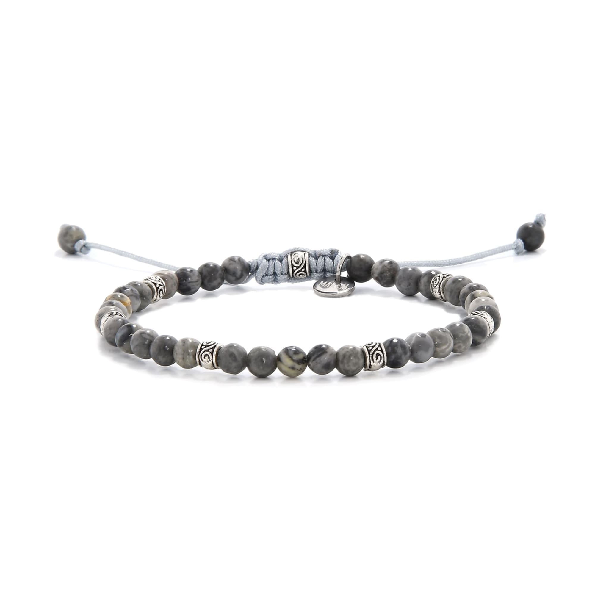 Stylish men’s Map Stone bracelet with natural gray beads and silver spacers.