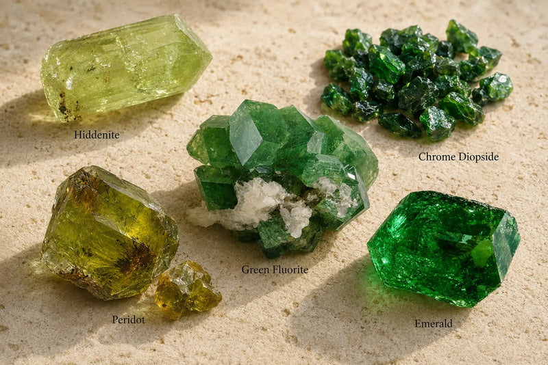 Green gemstones including emerald, peridot, green fluorite, hiddenite and chrome diopside arranged and labeled on warm limestone.