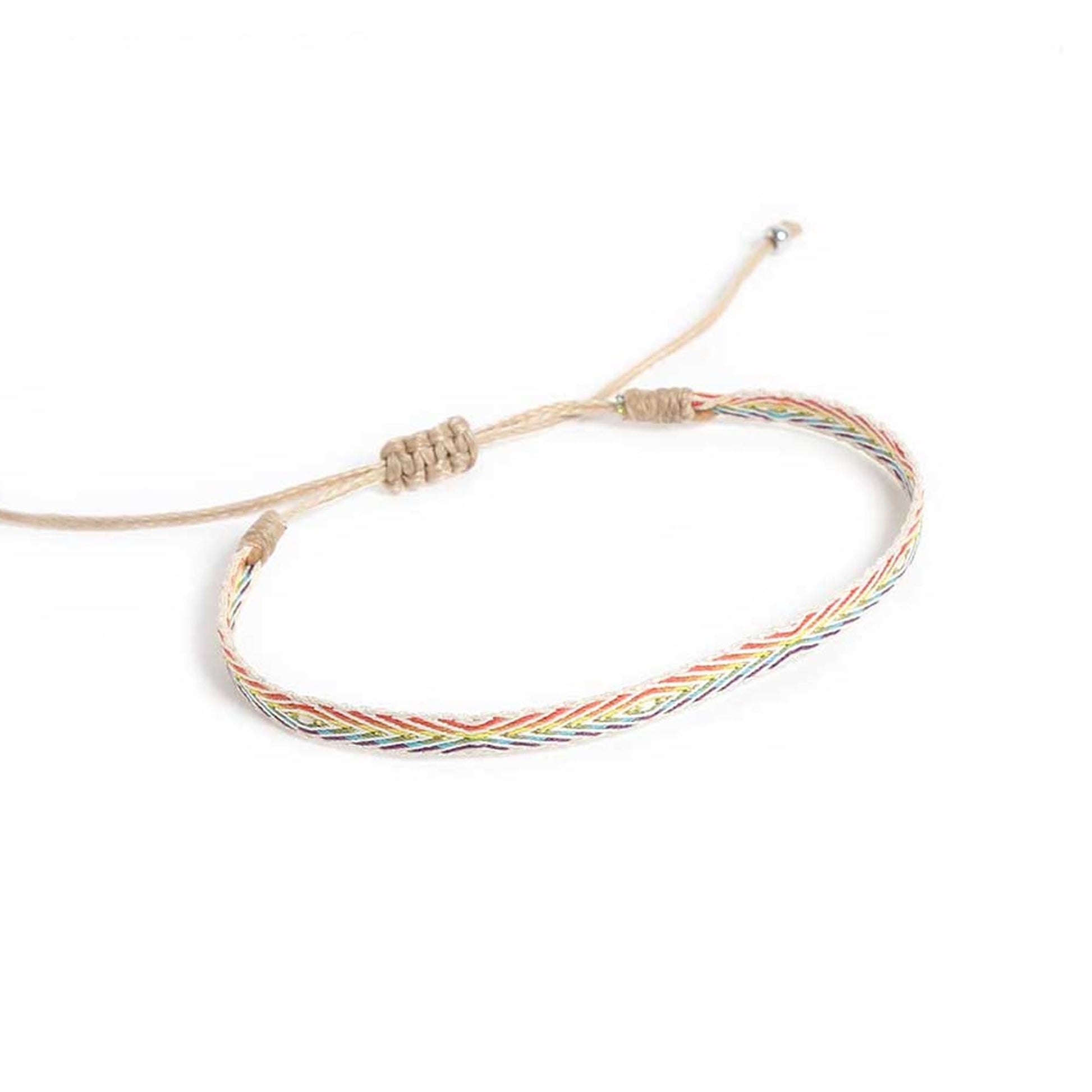 Handmade Bracelets in adjustable boho style with rainbow thread design.