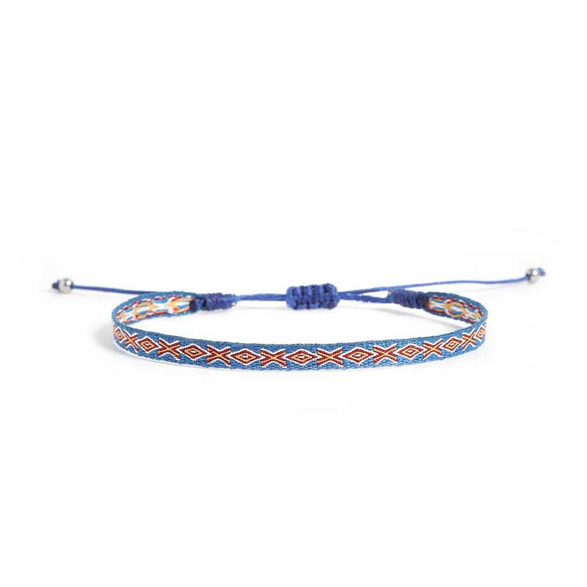 Handmade braided bracelet with adjustable knot and colorful design.