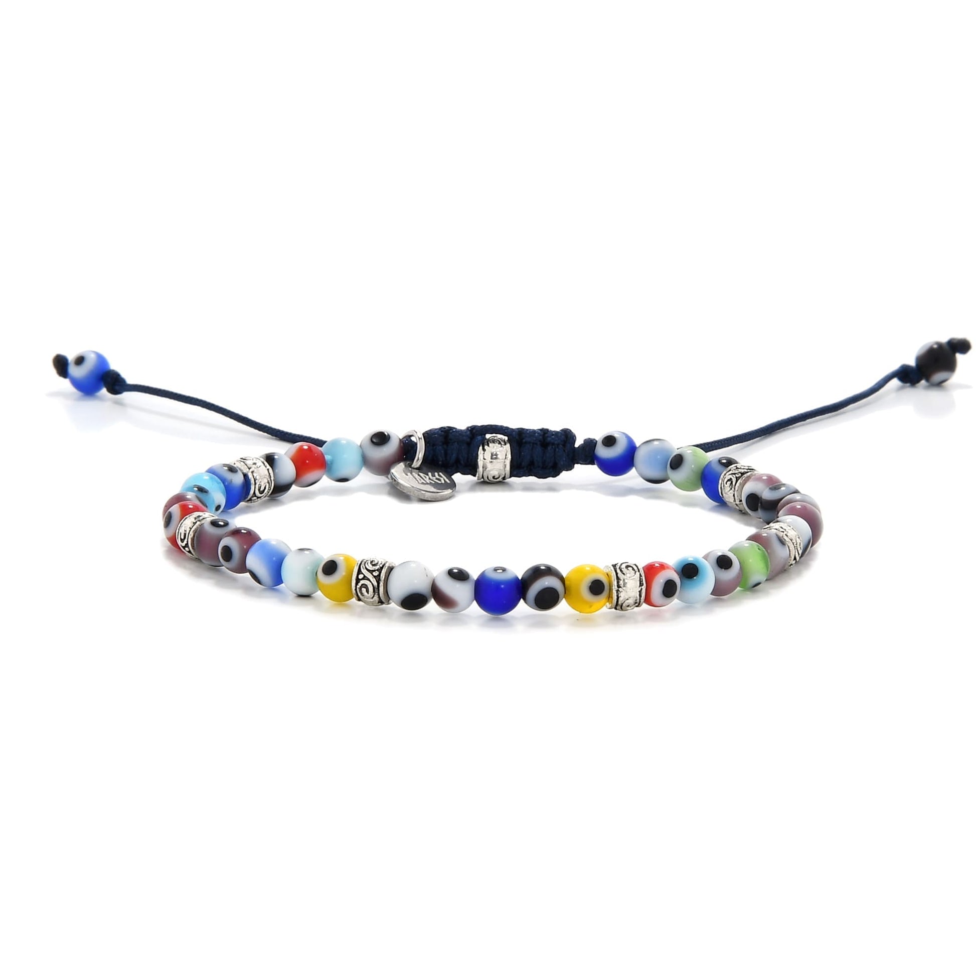 Evil eye bracelet featuring colorful glass beads and silver accents.