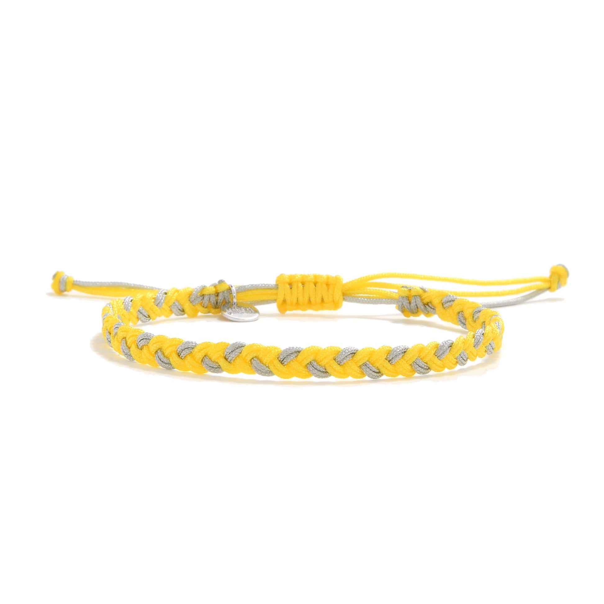 Handmade adjustable friendship bracelet thread in gray and yellow with sliding knot and tag