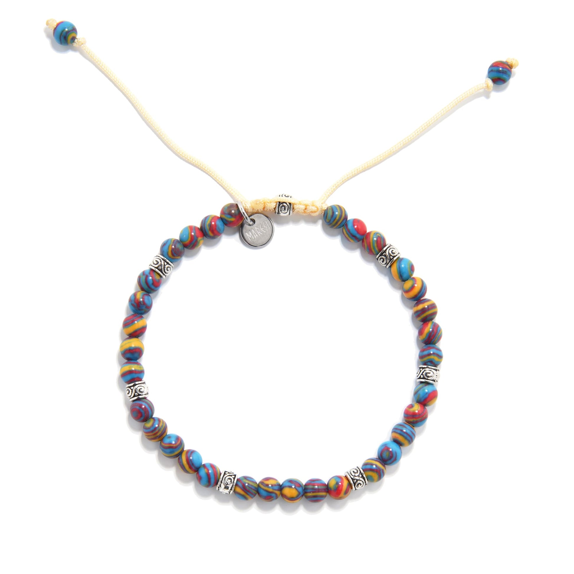 Handmade malachite color bracelet with vibrant blue, red, and yellow beads paired with silver decorative spacers.