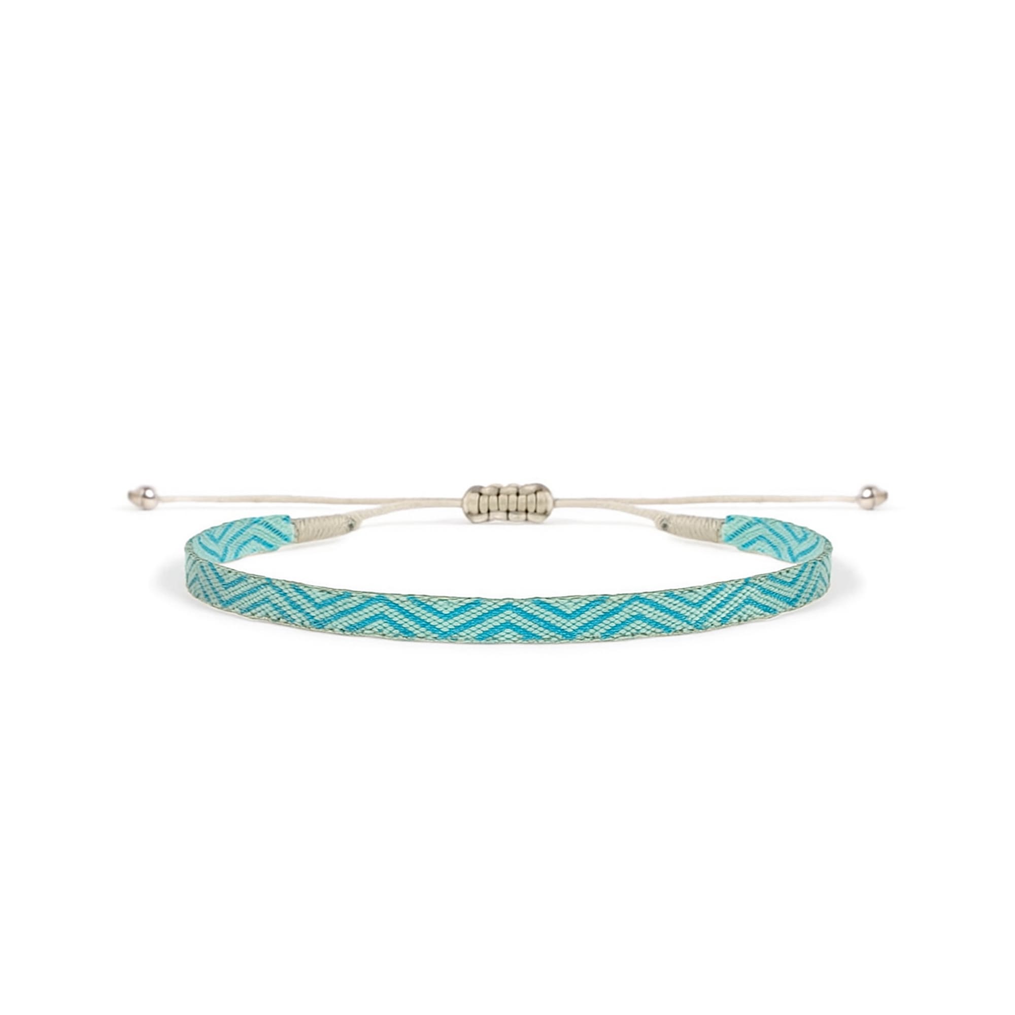 Handmade Rope Bracelet Mens with chevron weave in light blue and adjustable beige string closure.
