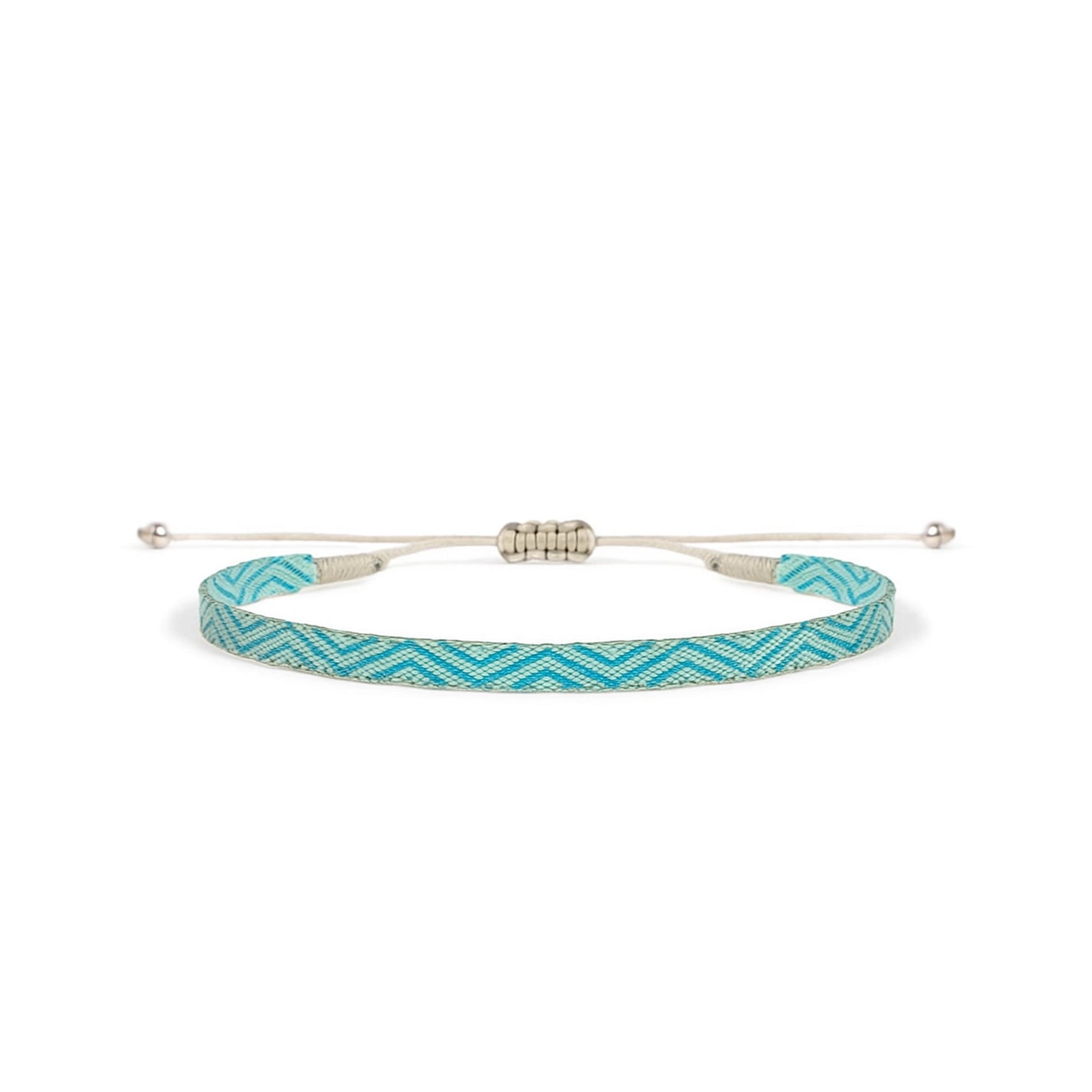Handmade Rope Bracelet Mens with chevron weave in light blue and adjustable beige string closure.