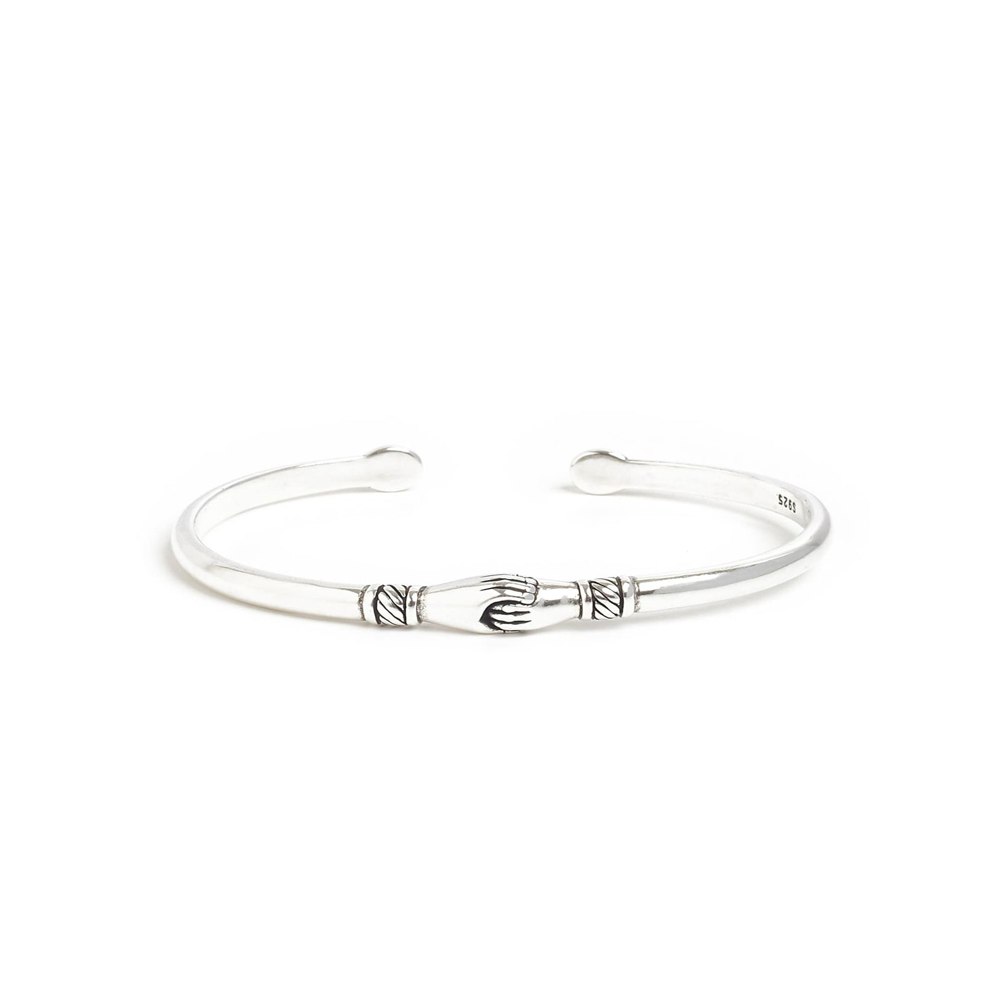 Stainless steel bracelets with symbolic handshake design.
