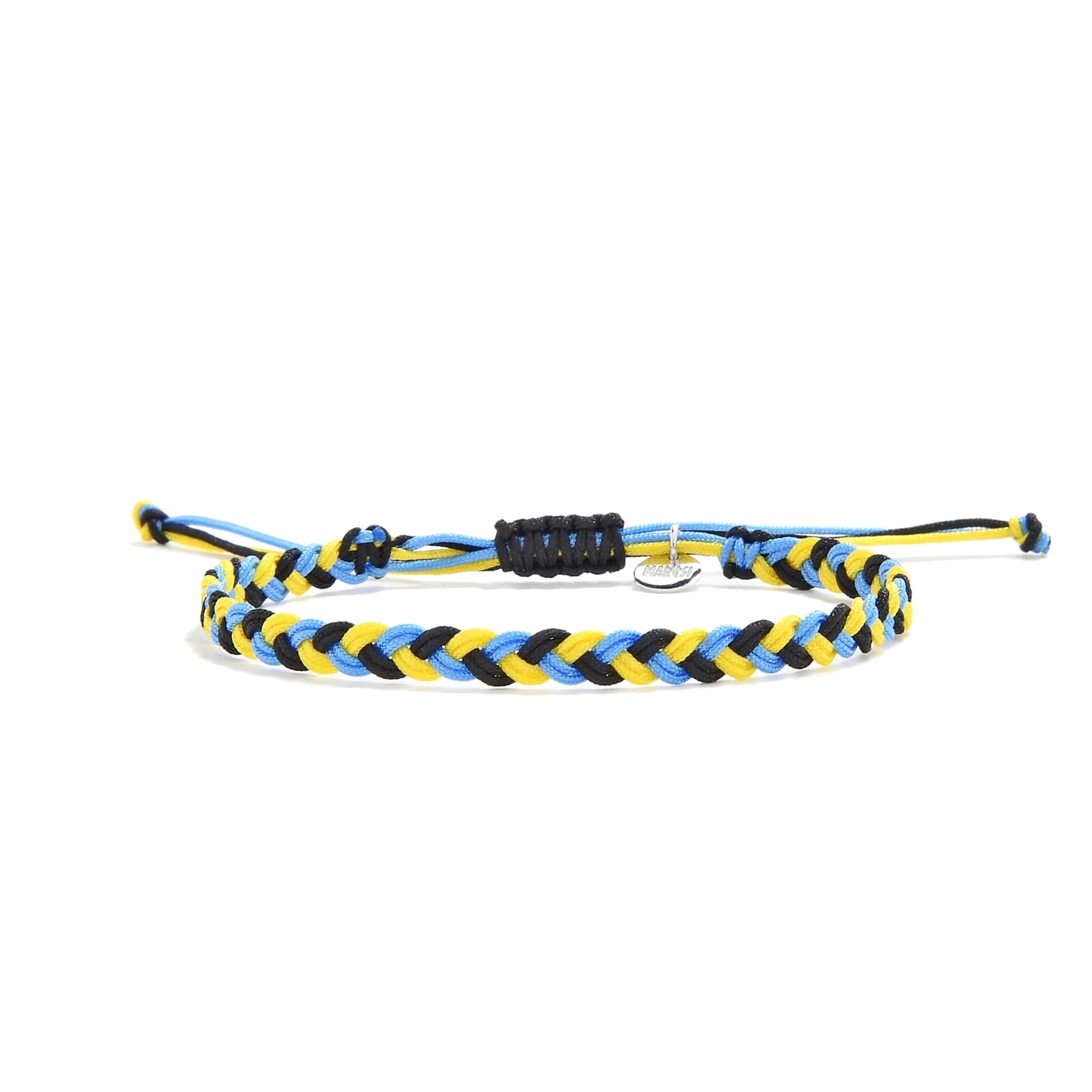 Handmade zig zag friendship bracelet featuring bold blue, yellow, and black woven design