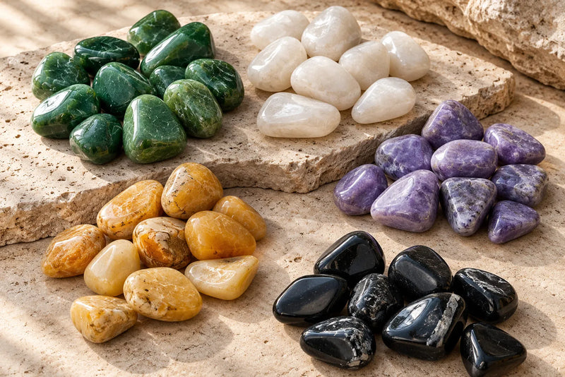 Polished green, white, lavender, yellow and black jade stones arranged on warm travertine